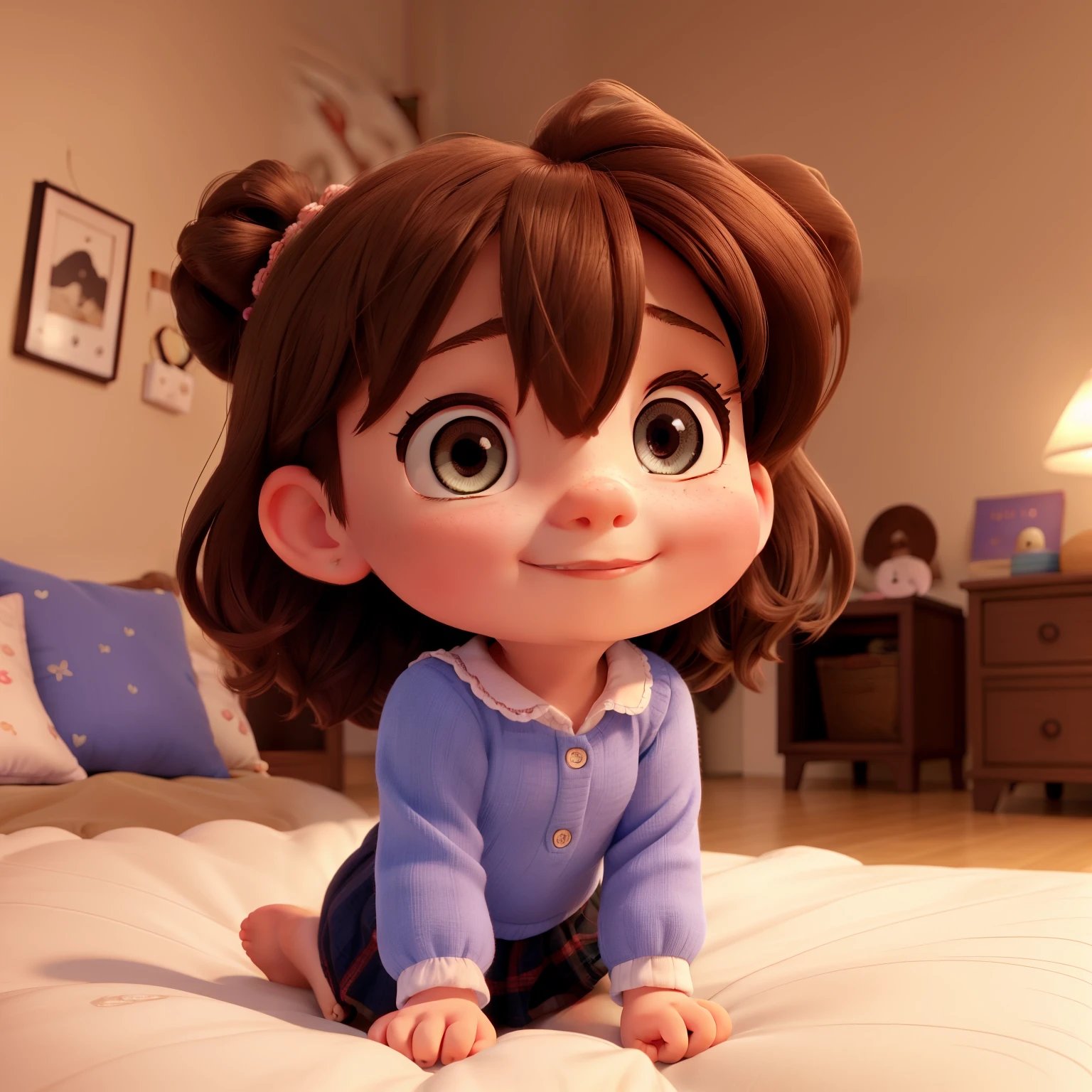 an adorable girl with curious eyes and a pure heart lying on her bed