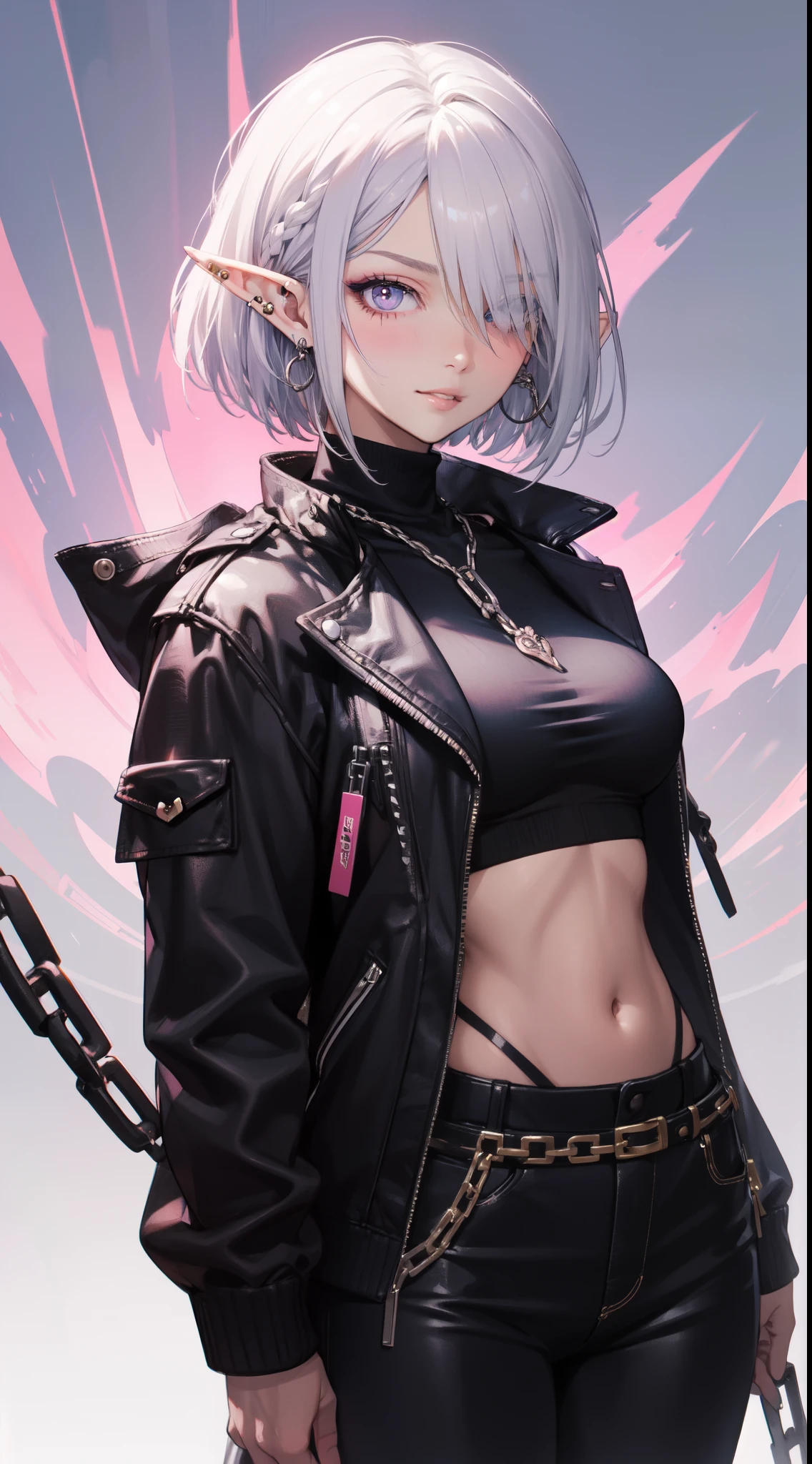(masterpiece),(bestquality),highly detailed,ultra-detailed, a chain mythology, (elf), 1girl, solo, big breast, cute girl, Bob cut hair, parted bangs, (hair over one eye), white hair, violet eyes, (scar on face:1.2), smirk, lips, eyelashes, makeup, eyeshadow, pink eyeshadow, pink lips, parted lips, blush, Various accessories, (ear piercing), Black leather jacket with spikes, open belly, breeches, Chains on clothes, hiquality, 4k, HD, Good detail, style of Artgerm, by Kawacy, By Yusuke Murata