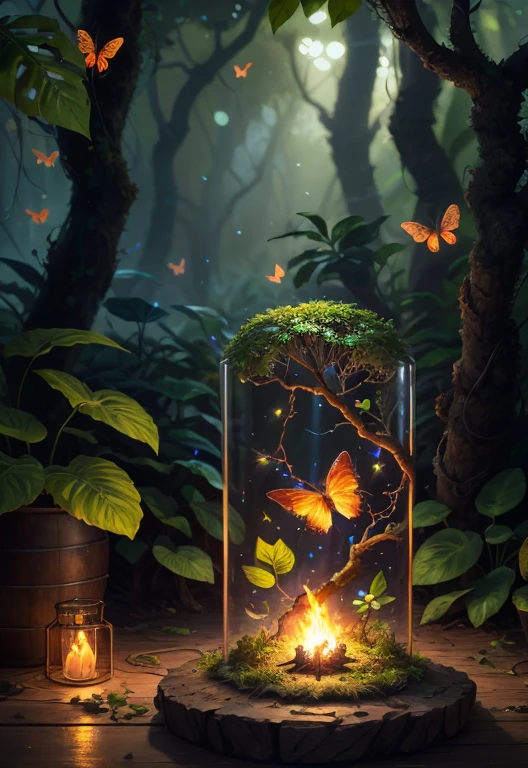 Fantasy in a glass, "ethereal roses, beautiful girls, cute slime animals, glowing little mushrooms surrounded by delicate leaves and branches, and fireflies and glowing particle effects", (natural elements), (jungle theme), (leaves), (branches), (fireflies), butterflies, (delicate leaves), (glow), (particle effects), super realistic, super detailed, dramatic lightning, 4k, masterpiece,