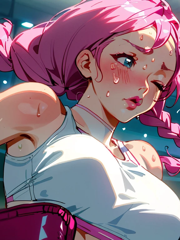1girl,simple background,nsfw,(pants),messy,cum on bodyl),wet,mist,stream,crying medium breast,short curly  messy hair,(blue hair),((pink medium hair)),beautiful aqua gradient blue and pink eyes(torn.clothes)l,nude,white clothes,streaming tear,upper body