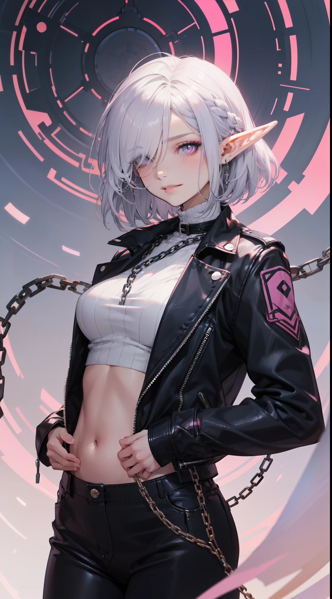 (masterpiece),(bestquality),highly detailed,ultra-detailed, chain mythology, (elf), 1girl, solo, big breast, cute girl, Bob cut hair, parted bangs, (hair over one eye), white hair, violet eyes, scar on face, smirk, lips, eyelashes, makeup, eyeshadow, pink eyeshadow, pink lips, parted lips, blush, Black leather jacket with spikes, open belly, breeches, Chains on clothes, hiquality, 4k, HD, Good detail, style of Artgerm, by Kawacy, By Yusuke Murata
