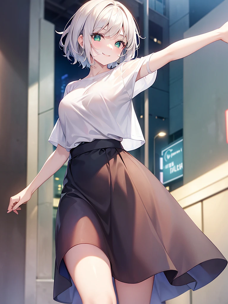 1girl ,white skin, smiling , city, short hair black  , air light green eyes , plum skirt 
 and white T-shirts , long leg ,cowboy shot