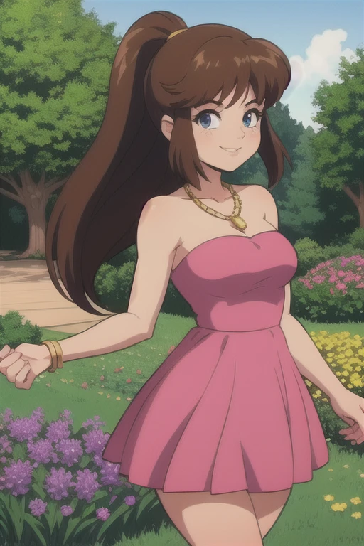 80's anime style, brown hair, ponytail, blue eyes, bare shoulder, bare arms, little pink dress, golden necklace, smile, cowboy shot, standing, garden, gazebo, beautiful, best quality, close up.