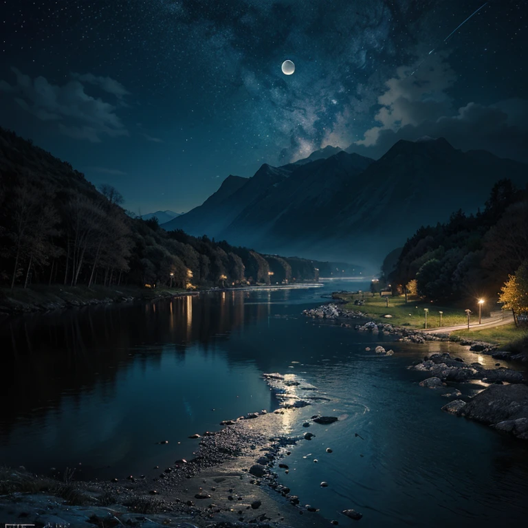 A painting of a river with stars and moon in the sky, concept art inspired by Tosa Mitsuoki, pixiv contest winner, best quality, fantasy art, beautiful anime scene, a bright moon, moonlit starry environment, dream painting, Anime Background Art, Fantasy Landscape Art, Fantasy Night, Anime Background, Background Artwork, Fantastic Art, Atmospheric Anime, Starry Sky, Detail Enhanced.