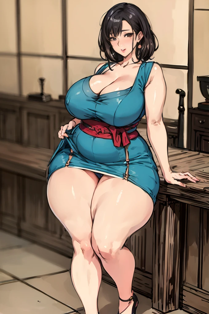 Cartoon photo of woman in blue dress posing for photo, small curvy , she has a jiggly fat round belly, oppai proportions, Seductive Anime Girl, succubus in tight short dress, beautiful alluring anime woman, Chic, giantess art, oppai, thick body, pinup, with large breasts, lolidress, Voluptuous body, , Tifa Lockhart, Naughty anime style, plus size model, Scruffy body,Erotic cartoon style body, Married woman's big ass,Eros of a married woman, Married woman style, Married woman atmosphere