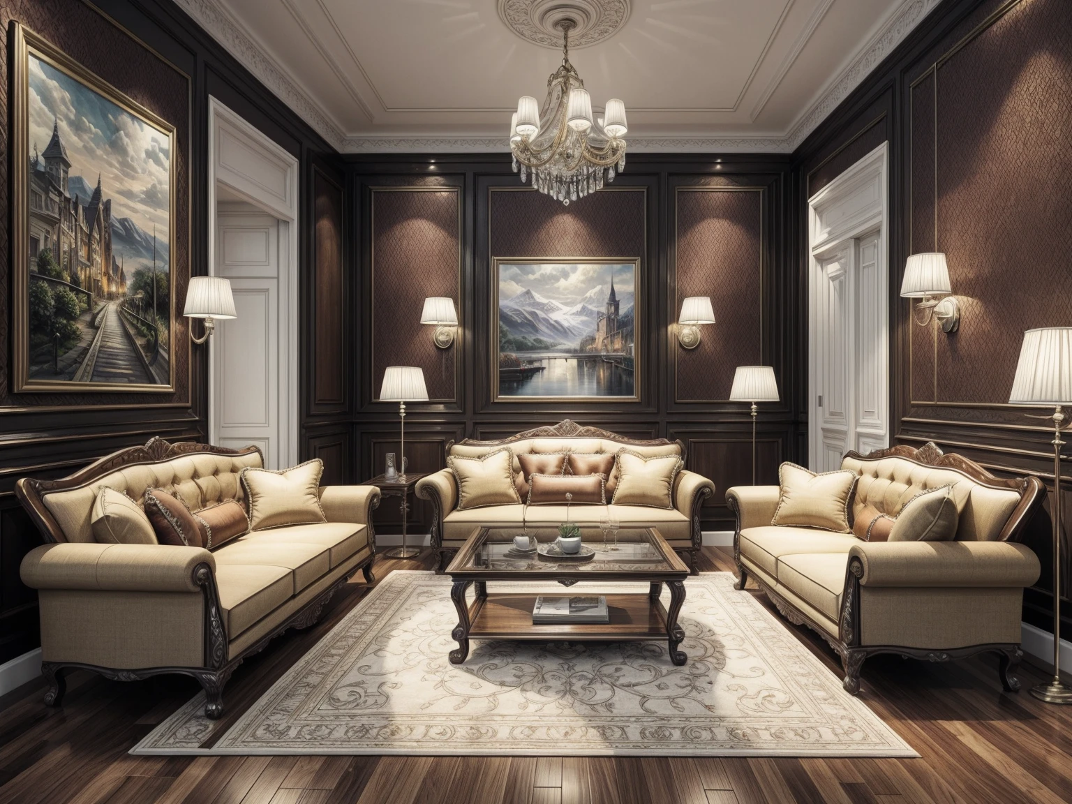 living room; Highly detailed; Higher resolution textures;  wall panelalaysian TEAK wood; Chesterfield sofa; Two floor lamps on either side of sofa; Detailed sofa; Floor lamp with perfect detailing; 3000 Kelvin Lighting, Painting on wall, painting of mountains; highly detailed paintinasterpiece painting; wide angle fov, night time render; perfectly detailed table lamp; perfectly detailed side table; highly detailed sofa fabric; perfect detailing on sofa;  Perfect stitching, Perfectly detailed chandelier with detailed crystals; detailed fireplace; detailed cushions; detailed stitching on sofa; Highly detailed furniture ;4K render; Photorealistic; Masterpiece;