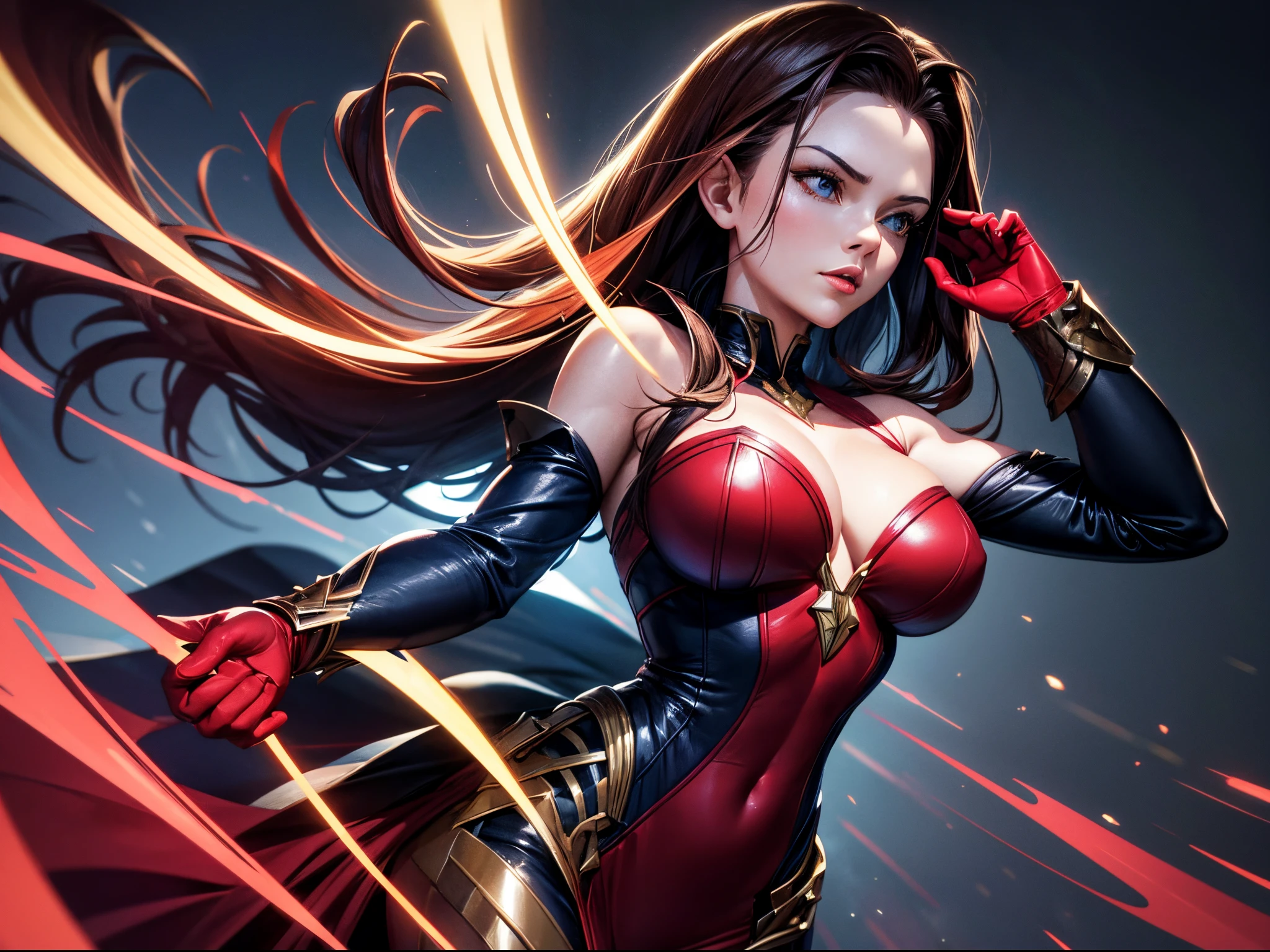 3D illustration of the Scarlett Witch, enormous tits, red 256, electric indigo color, hunter green color, navy blue color, gold color, (sharp lines), bold ink lines, strong outlines, bold traces, high contrast, (professional vector), best quality, semi-gloss colors, medium lights, medium shadows, low levels, ultra realistic, unreal engine 5, realistic skin texture, sharp, crisp, vivid colors, beautiful.