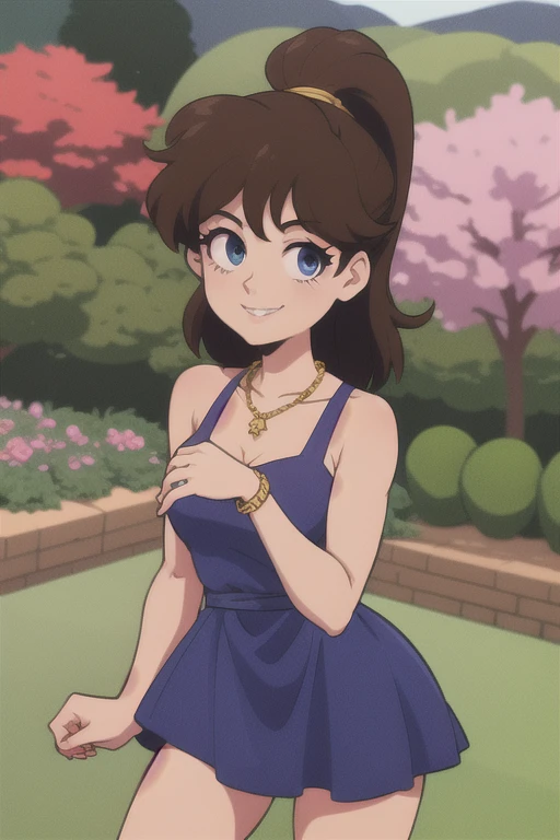 80's anime style, brown hair, ponytail, blue eyes, bare arms, little pink dress, golden necklace, smile, cowboy shot, standing, garden, gazebo, beautiful, best quality, close up.