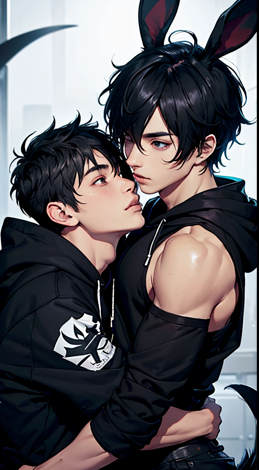 2boys, gay male couple，Toned、big bunny ears and tail、black messy hair、wide and very vivid black eyes、HD、​masterpiece、with a vibrant、Slim dark crop top hoodie、full-body view、Trendy hair、the kiss