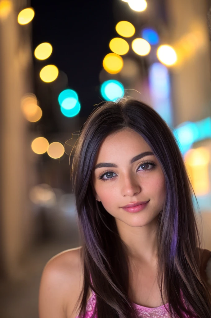 RAW uhd close-up portrait photo of a 21 year old blonde (Mujer de ojos azules) Walking down a clear alley, pecho natural, Antecedentes nocturnos de la ciudad, (Vestido de sol rosa), (escote), Detallado (Texturas!, cabello!, brillar, Color!!, Imperfecciones:1.1), Ojos brillantes altamente detallados, (Looking at the camera), specular lighting, DSLR, Calidad Ultra, foco nítido, Tachuela afilada, DOF, Film grain, (centrado), Fujifilm XT3, Cristalina, Centro del marco, cara linda, foco nítido, farola, Neon lights, Bokeh, (Poca luz), discreto, Por la noche, (cielo nocturno)