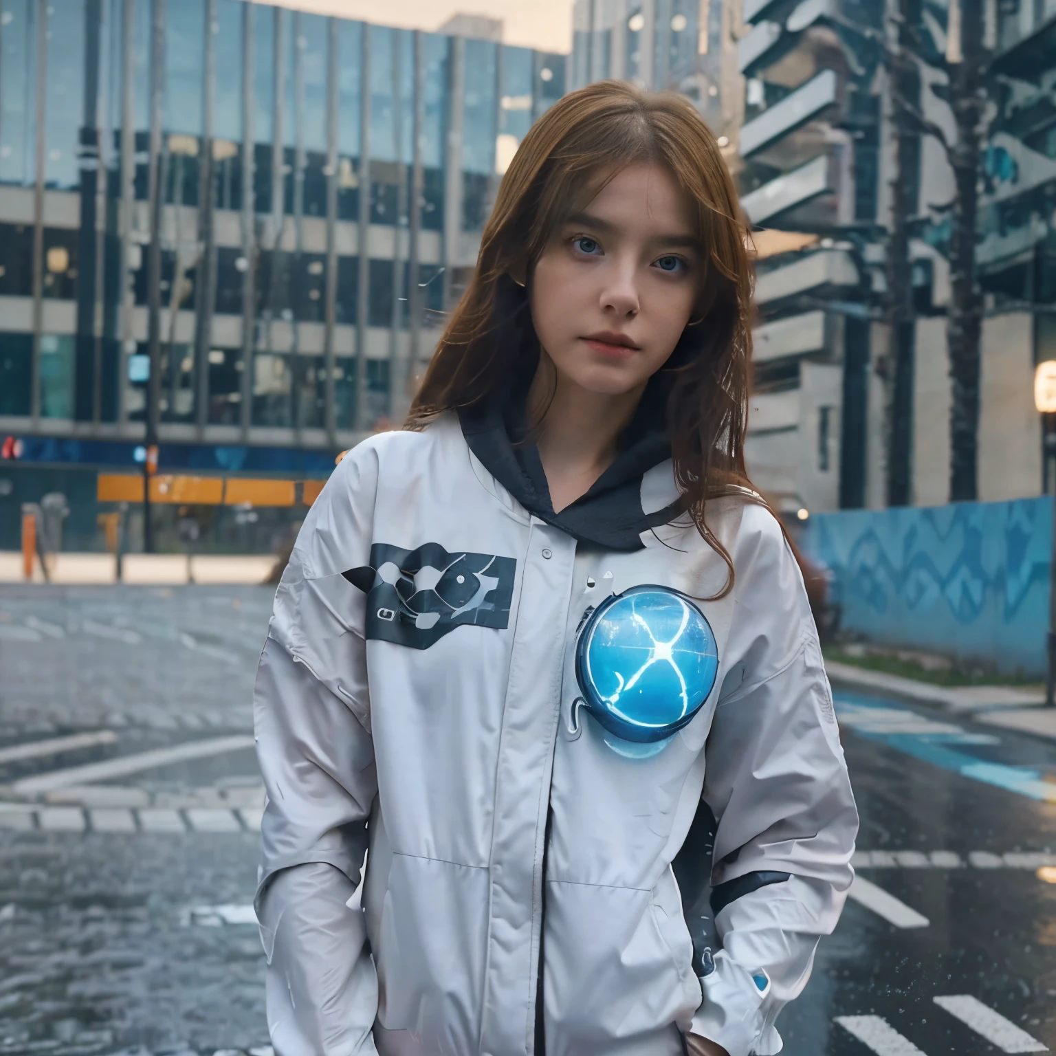 Perfect, young and beautiful (cyborg girl)++ with a charming gaze and delicate features, long brown hair, blue glowing eyes, battle angel, neon lines on the suit, a dark night, a sphere of luminescent energy in the background, puddles of water on the ground, storms in the distance, perfect composition, beautiful detailed, intricate, insanely detailed, 8K cinematic photography, soft natural volumetric, award - winning photograph
