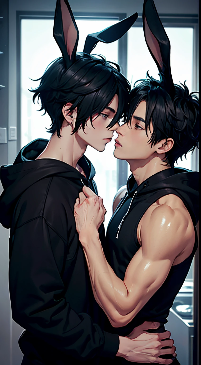 2boys, gay male couple in relationship,Toned、big bunny ears and tail、black messy hair、wide and very vivid black eyes、HD、masterpiece、with a vibrant、Slim dark crop top hoodie、full-body view、Trendy hair、the kiss