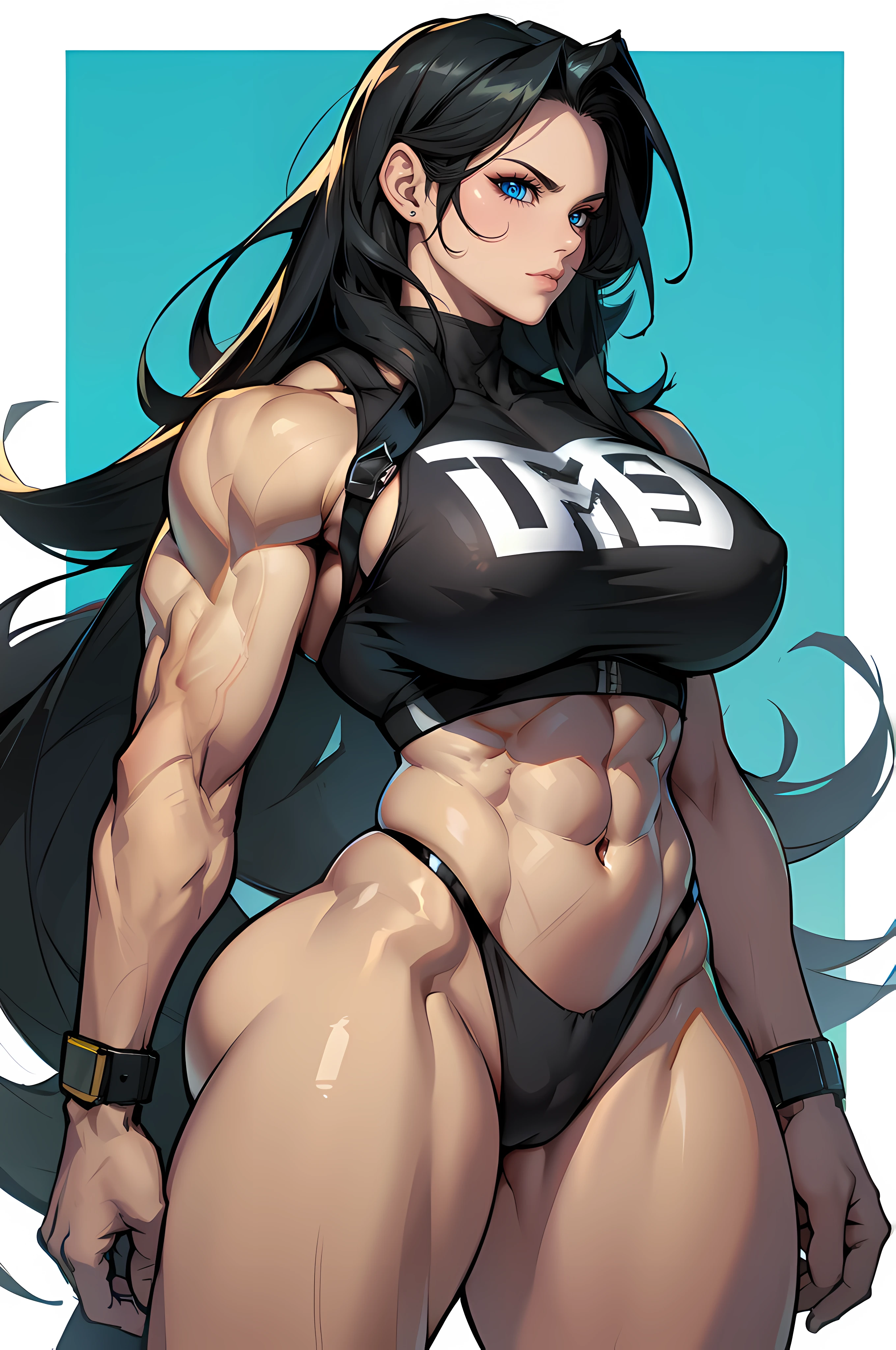1girl muscular toned body bodybuilder curvy wide hips thick thighs huge tits black hair yellow eyes very long hair pale skin angry curvy