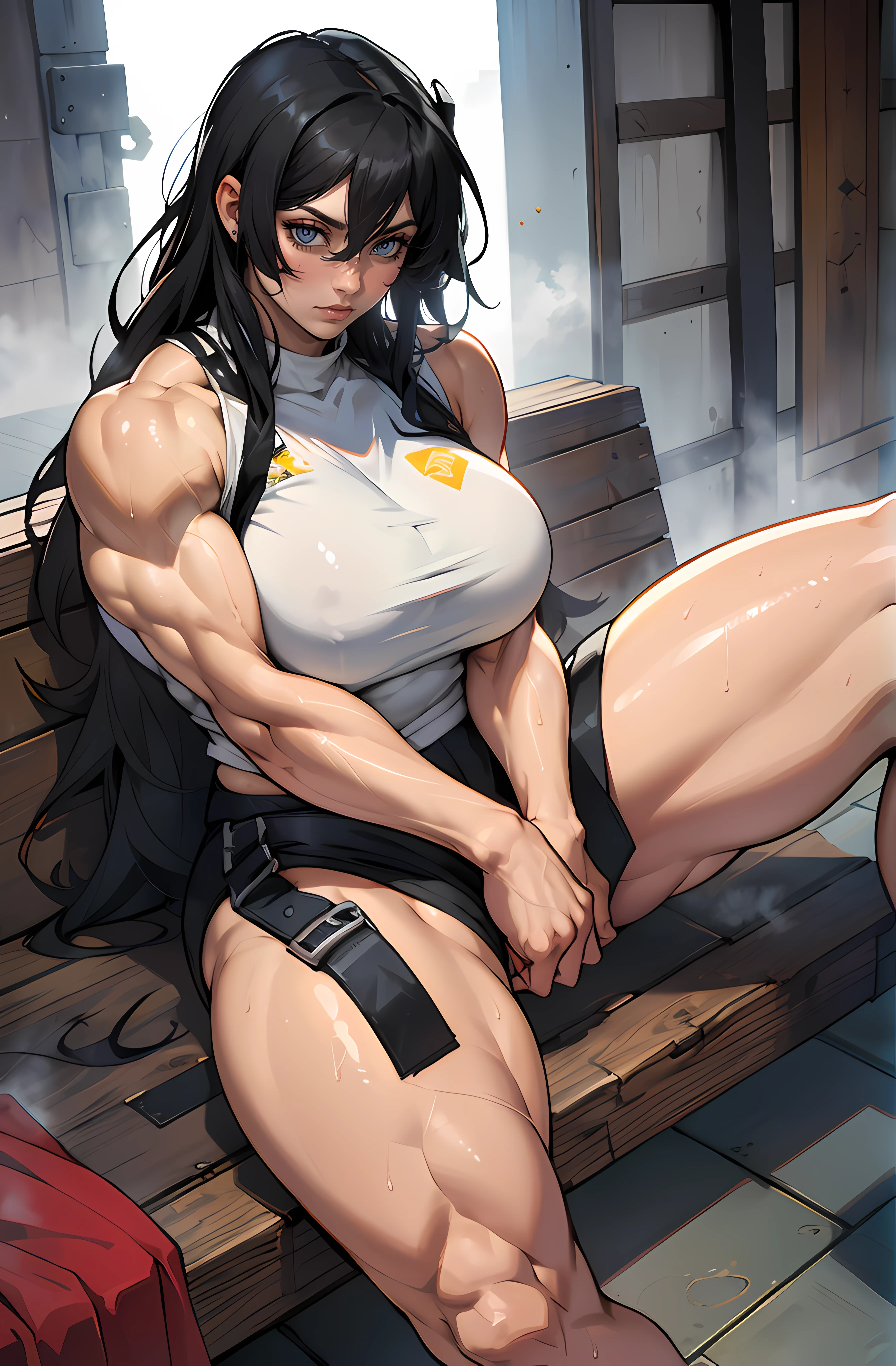(((((1 girl, muscular))))), ((thick thighs, huge breasts, very long hair)), black hair, yellow eyes, solo, sweaty, shiny skin, steamy, foggy, bathhouse, angry, sitting, spreading legs