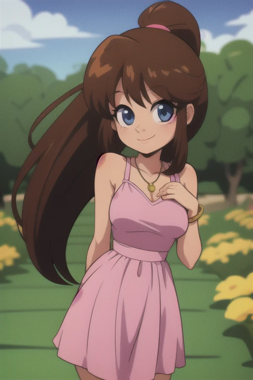 80's anime style, brown hair, ponytail, blue eyes, bare arms, little pink dress, pink dress, golden necklace, smile, cowboy shot, standing, garden, gazebo, beautiful, best quality, close up.
