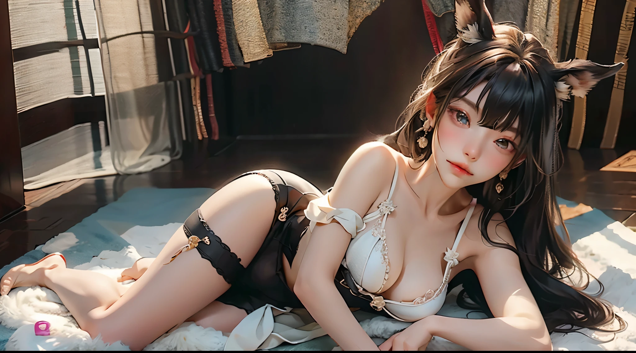Sleep in bed, lying on the floor and sleeping, winking, White sexy swimsuit, head and full body, Extremely cute human eighteen year old girl, Bare legged, very beautiful and feminine, short, small, The beautiful, small, a plump buttocks, large bust, Bigchest, Bare legged, Bare legged, Cleavage display, Split skirt, Flat abdominal display, 詳細な目, detailed nose, The face super detailed, Some accessories with earrings on the ears, very fashion, award-winning product design, tightsuit, Split skirt, Bare legged, Shiny top opens at and belly, Funky, Luminous trim, atmospurate, 8K, super detailing, Accurate, Best quality at best,