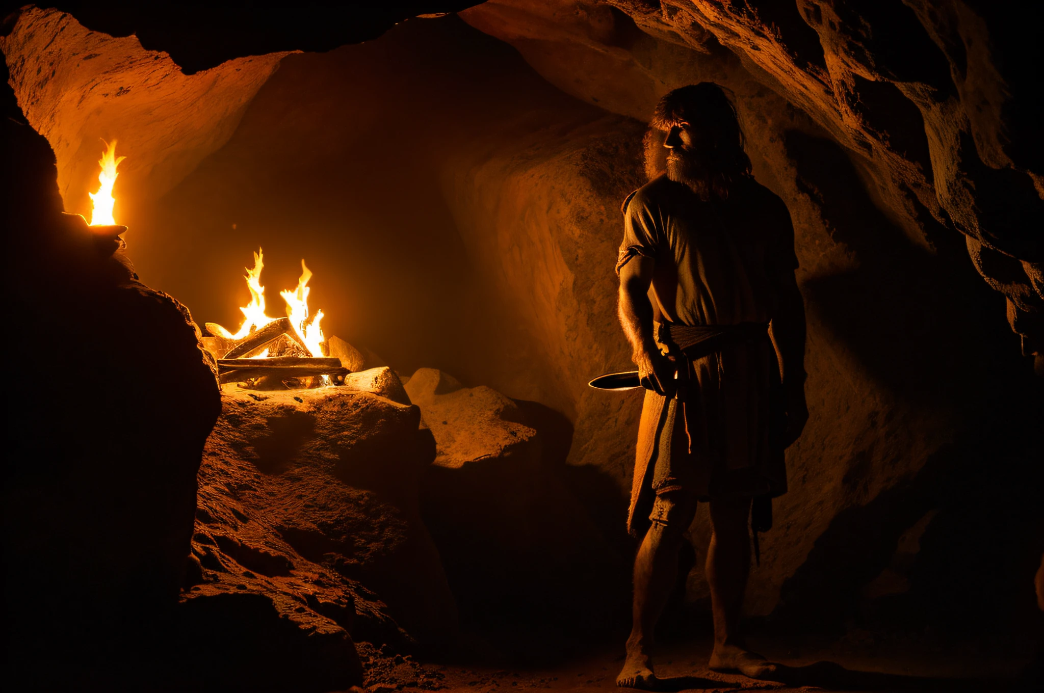 (best quality, high resolution), a Neanderthal holding a torch, inside a dimly lit cave, Neanderthal era clothing, shadows dancing on the walls, steep cave walls (rocks, flickering firelight, warm tones orange, ancient atmosphere, realistic textures, detailed facial features, mysterious atmosphere.