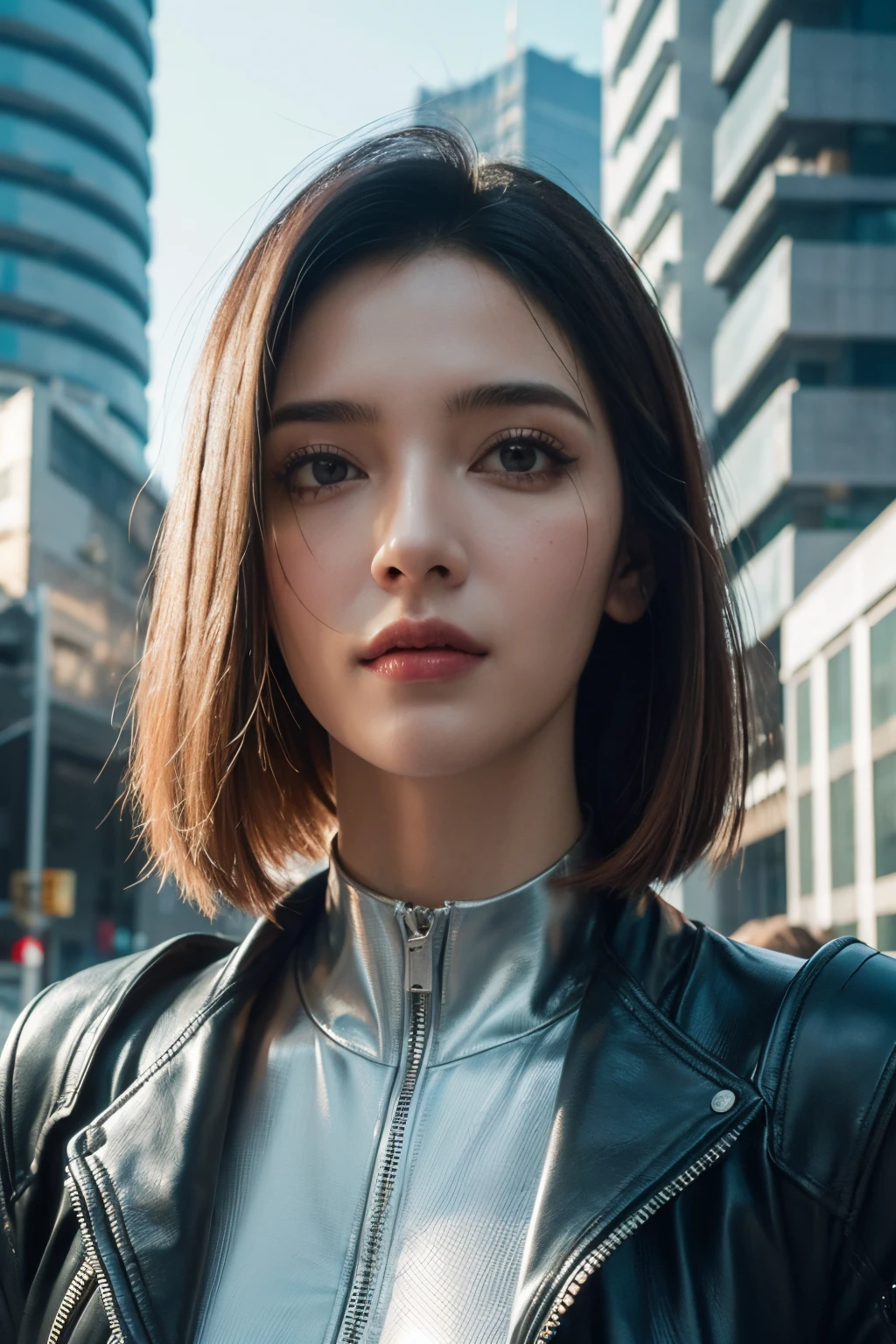 Uma mulher, cyberpunk, cabelo curto, olhos vermelhos, cabelo branco, obra prima, melhor qualidade, em uma rua, huge buildings, futuristic clothing, Jil Valetine, realista, rosto perfeito