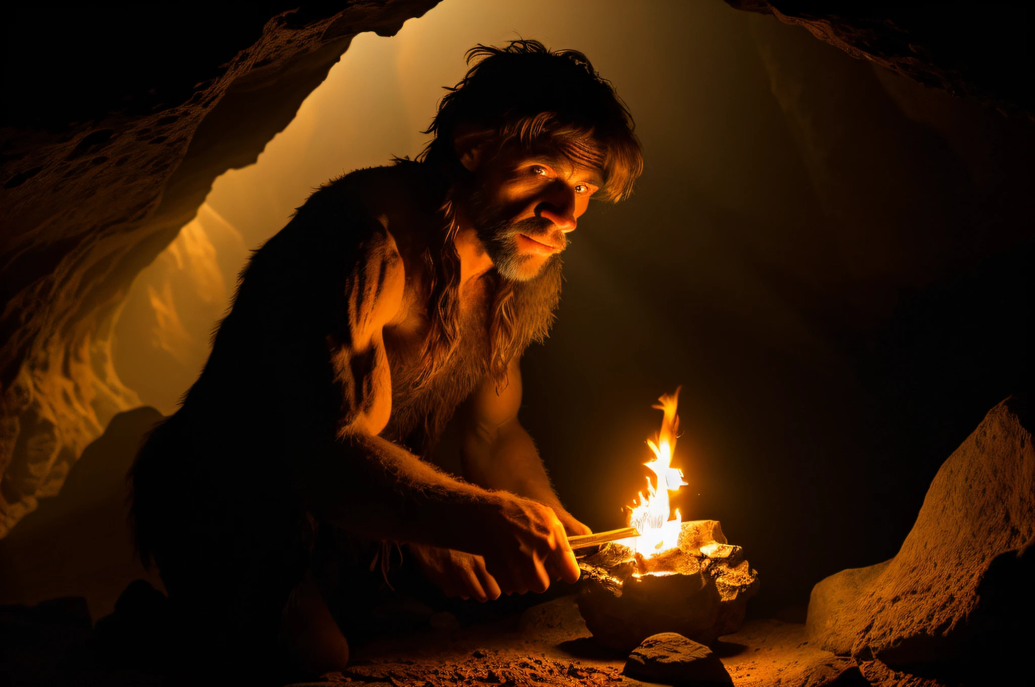 (best quality, high resolution), close-up of a Neanderthal holding a torch, inside a dimly lit cave, Neanderthal era clothing, shadows dancing on the walls, steep cave walls (rocks, flickering firelight, warm orange tones, ancient atmosphere, realistic textures, detailed facial features, mysterious atmosphere.