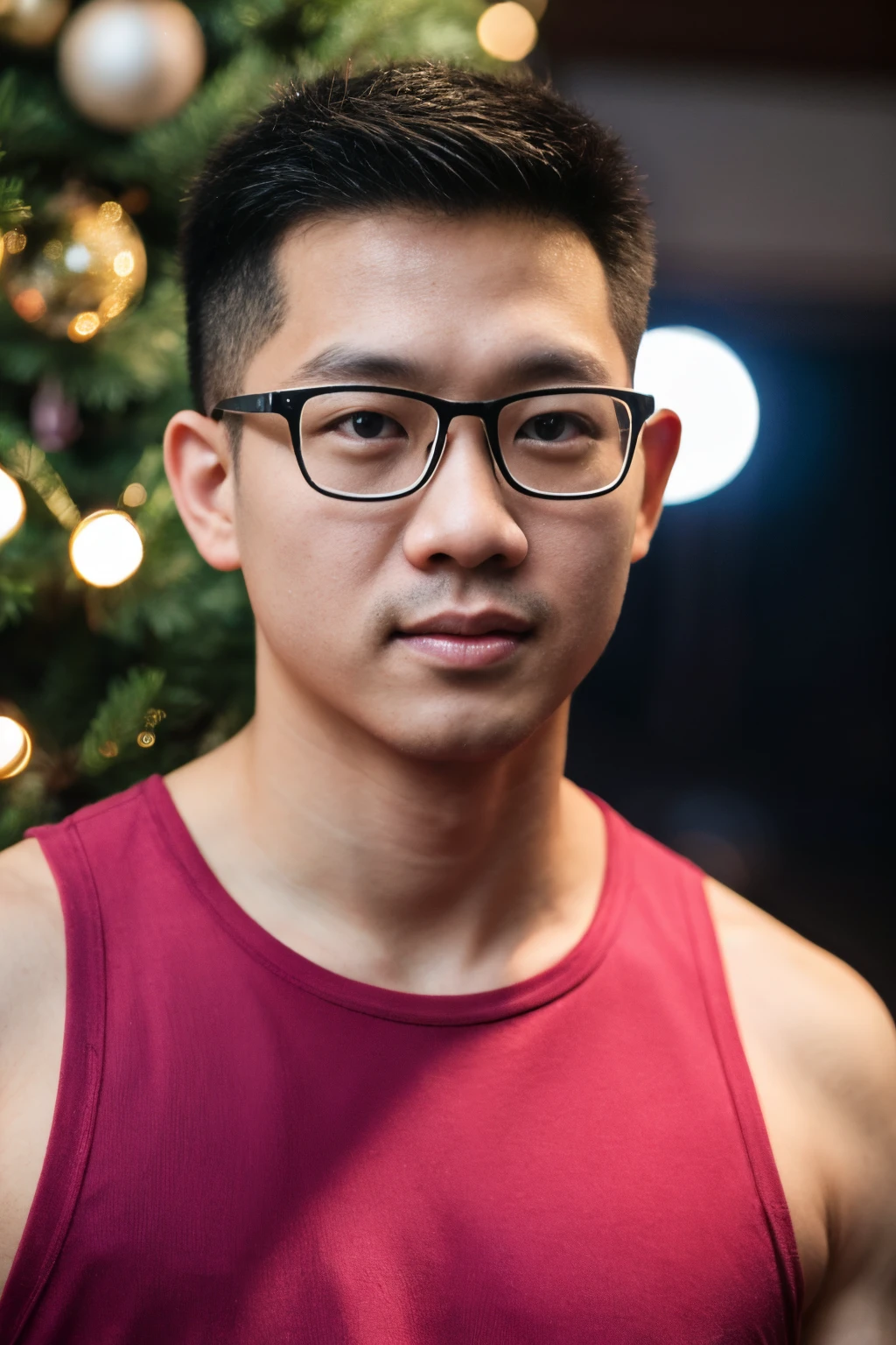 Andrew thomas huang, oval face, eyeglasses, neat muscular, L size pink sleeveless shirt, christmas tree background, bokeh