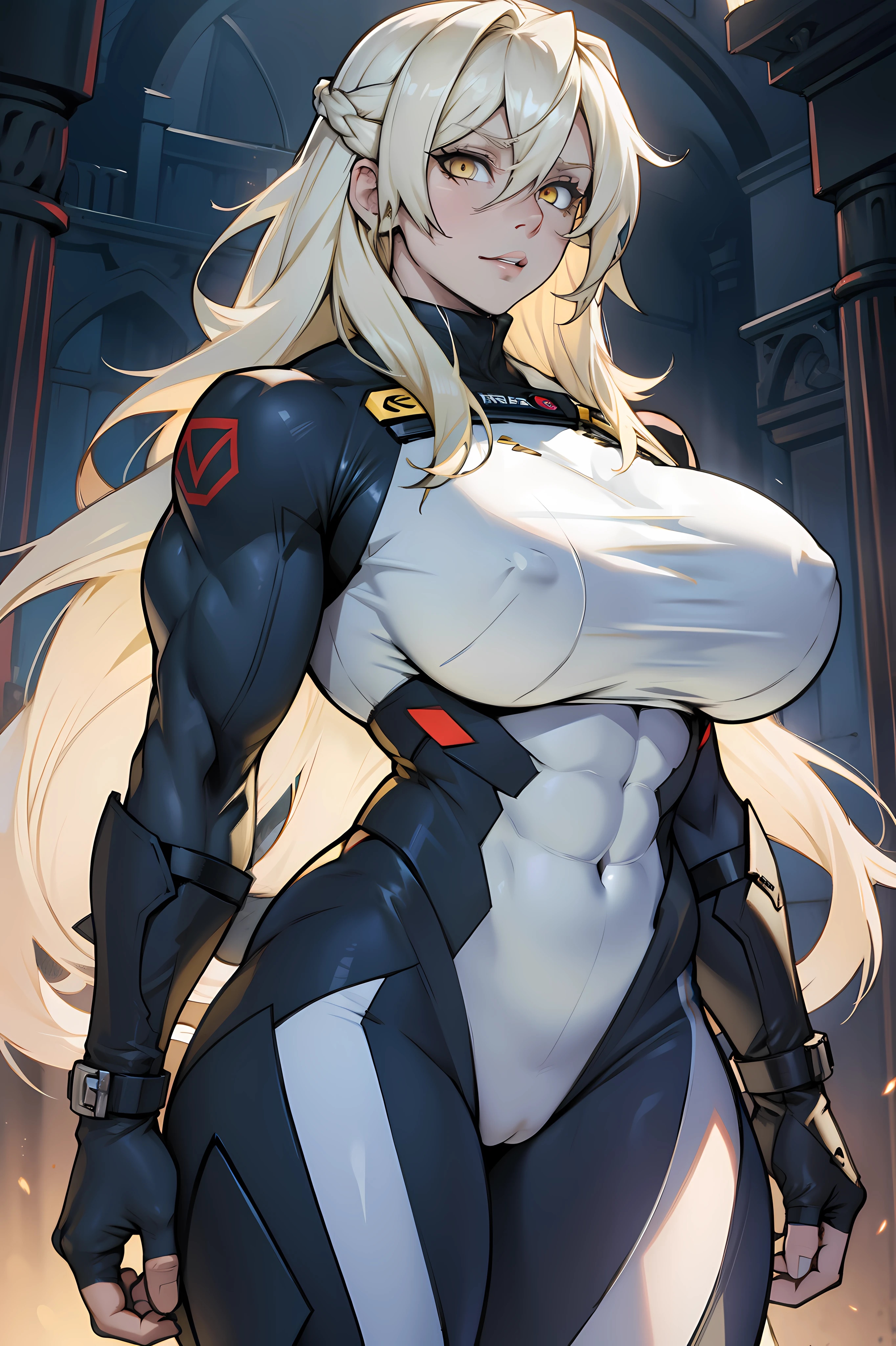girl huge muscles huge breasts pale skin silvery blonde long hair yellow eyes hair between eyes