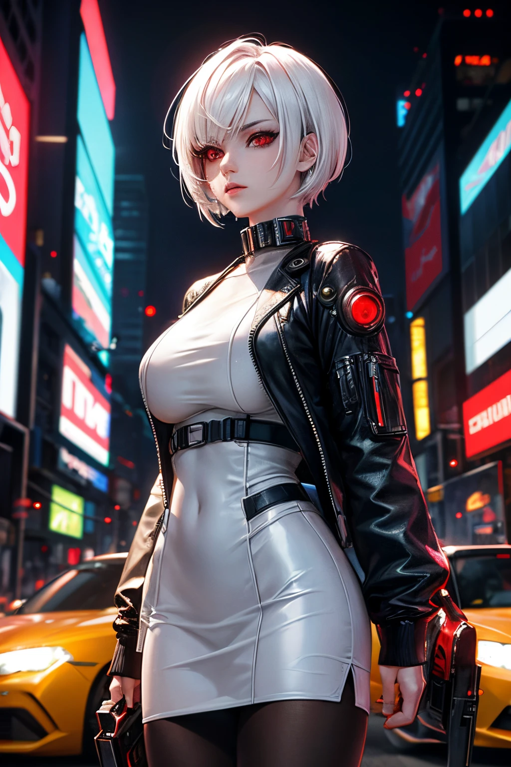 One girl, cyberpunk, short hair, red eyes, white hair, masterpiece, best quality, on a street, huge buildings, futuristic outfit, Jil Valetine, realistic, perfect face