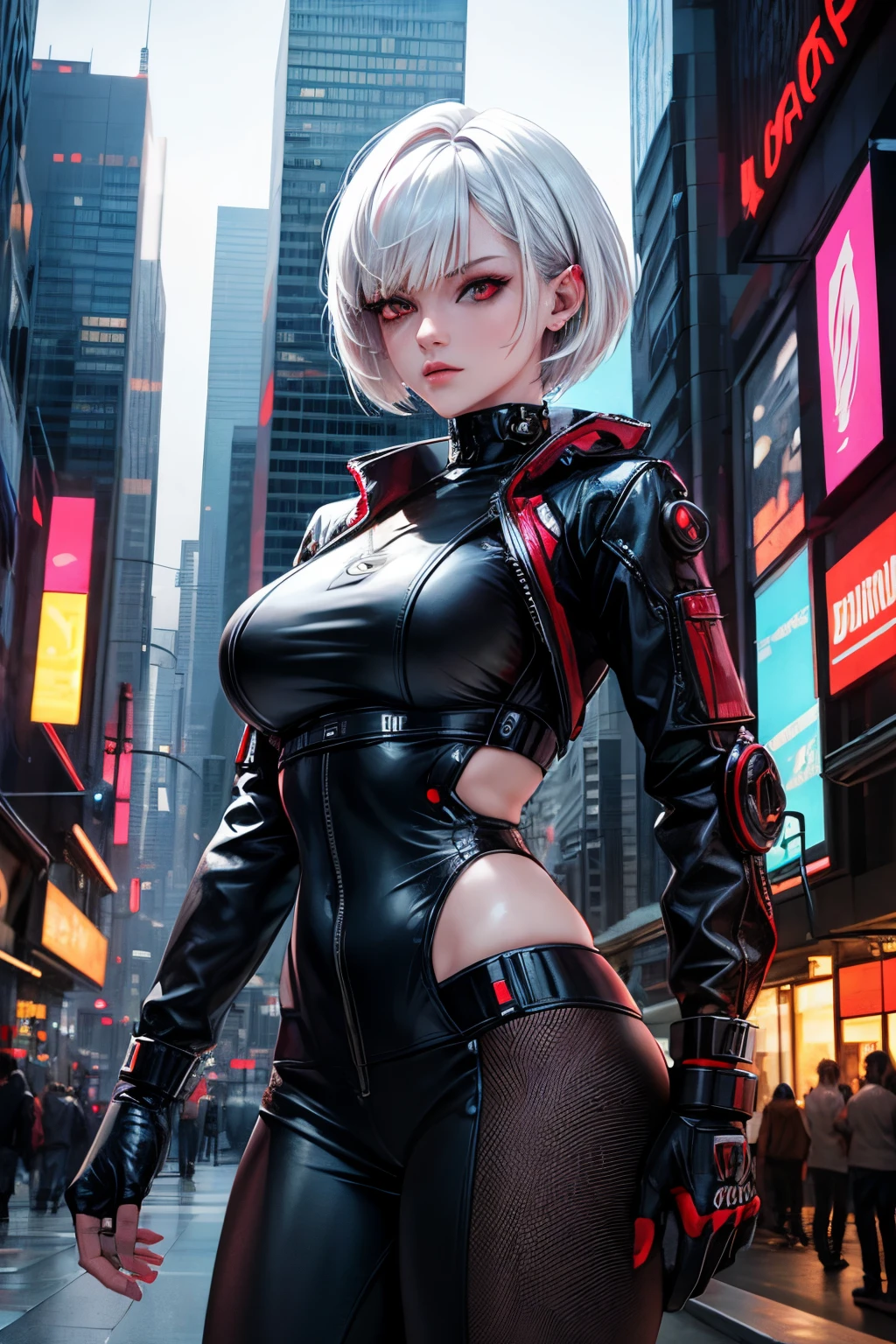 One girl, cyberpunk, short hair, red eyes, white hair, masterpiece, best quality, on a street, huge buildings, futuristic outfit, Jil Valetine, realistic, perfect face