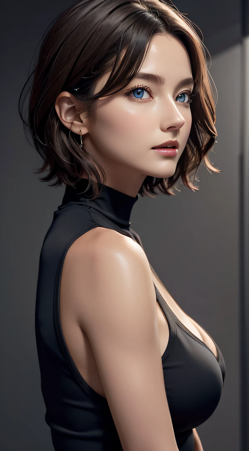 Skin Tight Black Top:1.2, Looking at Viewer, Cinematic lighting, Perfect, softlight, High resolution skin:1.2, Realistic skin texture, 30 years old mature woman、a small face、no-makeup、, off shoulders,Bust B Cup、 Exposed cleavage, Blue eyes, Short hair, dark brown  hair、fullnude、Gray background、