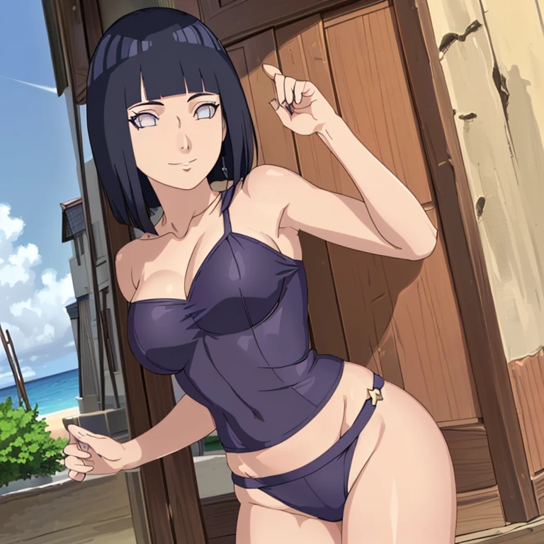 (WALLPAPER,  (hinata\(boruto\), (((white string bikini))), masterpiece, 4k, vector coloring, whole body shot, (high color saturation), contrast lighting, mature female, (curvy:0.8), solo, anime style, sharp focus, professional artwork, intricate details, colorful, vibrant colors, vivid colors, digital blending, ultra detailed body, ultra detail hair, ultra detail face, trending on pixiv, very hot colors, (((beach background, outdoors))), detailed bold arm lines, high color saturation, bold lines, bold drawing lines),
((Standing pose)), (head tilt), closed mouth, kind smile, gentle look),
((dark blue hair color:1.1), wavy hair, ((short hair, hime cut)),
(perfect eyes, white sciera, bright eyes, white eyes, anime eyes, smoky eyeliner, eyeshadow)
(white skin, (fair skin), slender body, milf, perfect face),
(legs, big breasts, off-shoulders, (detailed shoulders, detailed arm lines, little biceps lines)), 
(bare shoulders, bare legs, (both hands on boobs),