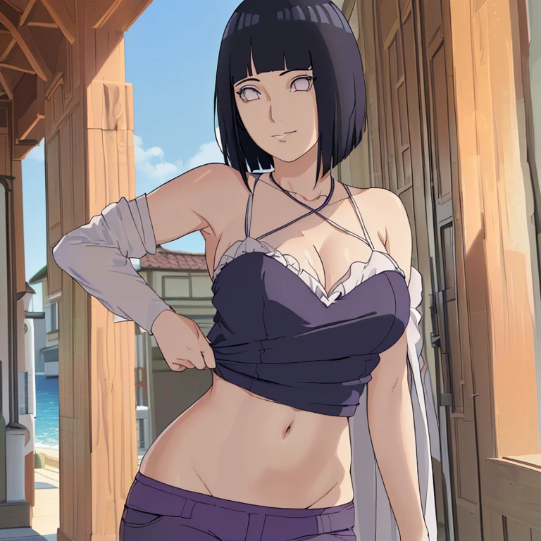 (wallpaper, (hinata\(Boruto\), pantalon blanc, Masterpiece, 4K, vecteur de coloration, Tir du corps entier, (High color saturation), contrast lighting, femelle mature, (SiTout de suiteeuse:0.8), seulement, style anime, mise au point nette, professional artwork, Intricate details, Detailed background of the beach, colourfull, Vibrant colors, couleurs vives, Fusion Tout de suitemérique, Ultra detailed body, ultra detail hair, ultra detail face, tendance sur Pixiv, Very warm colours, sunny day, outdoor, Detailed bold arm lines, High color saturation, Lignes en gras, Lignes de dessin en gras),
(debout, mouth closed, Sourire gentil, Extremely happy, sexy pose),
((dark blue hair color:1.1), wavy hair, ((Cheveux courts, Coupé Hime)),
(Des yeux parfaits, Scière blanche, yeux brillants, Yeux blancs, anime eyes, Smoky eyeliner, eyeshadow)
(peau blanche, slender body, MILF, nombril, substance, ventre plat, visage parfait, cuisses parfaites),
(cuisses, Ultra detailed breasts, jambes, gros seins, seins perky, Off-the-Shoulders, (substance, Detailed Shoulders),
(presque Tout de suite, poitrine déTout de convenableée, Shoulders right now, mains Tout de suites, jambes Tout de suites),
(Tout de suite, pinces totalement toplesicro), pas de top, mini gants noirs sans doigts)