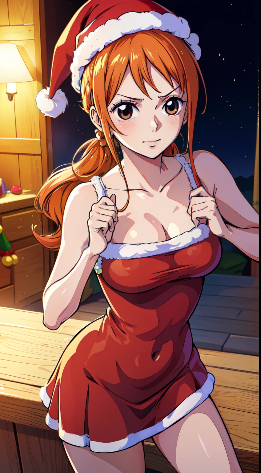 (best quality,4k,8k,highres,masterpiece:1.2), ultra-detailed, (realistic,photorealistic,photo-realistic:1.37), ​masterpiece、Top image quality、超A high resolution、Nami from one piece、orange hairs、Twin-tailed、Blushing、Cute and shy、Santa costume with belly button exposed、Santa costume miniskirt that  slightly turned up、Wearing a Santa Hat、large firm breasts、well-shaped breasts、well-shaped navel、knee sox、Striped panties、There are some small gift boxes、Night、Christmas