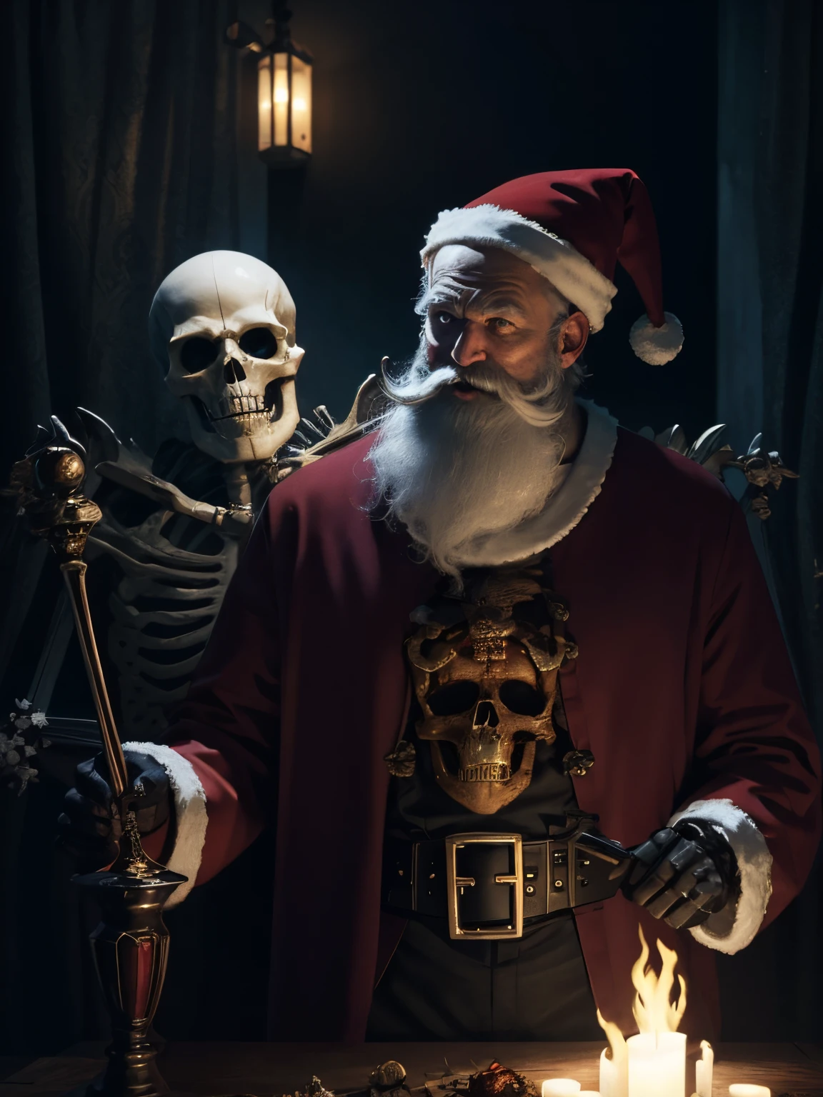 concept-art、❴skeleton and santa claus❵、Demonic、evil depiction、evil composition、Magnificent worldview、A depiction that shakes the viewer、Masterpiece、8K