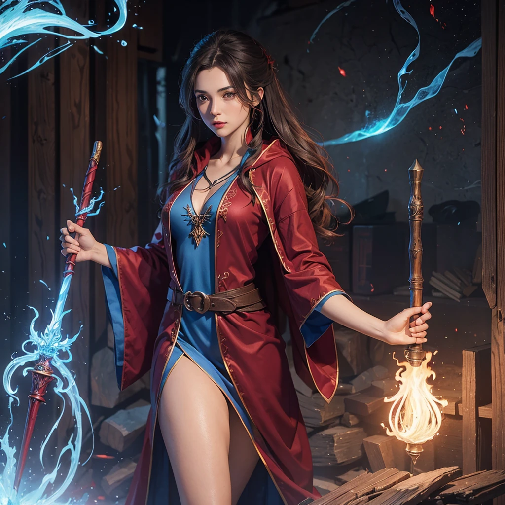 Have a female wizard wearing a wine red robe cast a blue fire spell on the tip of her wooden staff