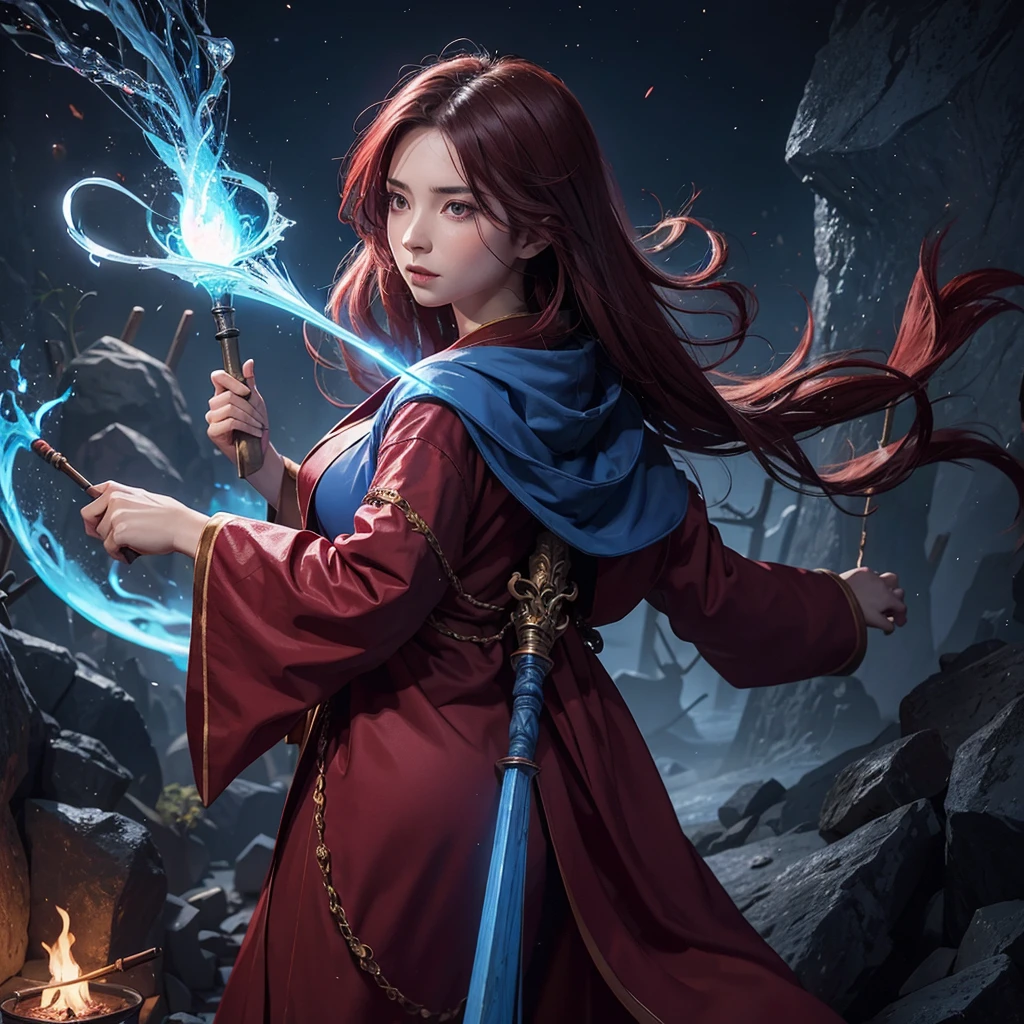 Have a female wizard wearing a wine red robe cast a blue fire spell on the tip of her wooden staff