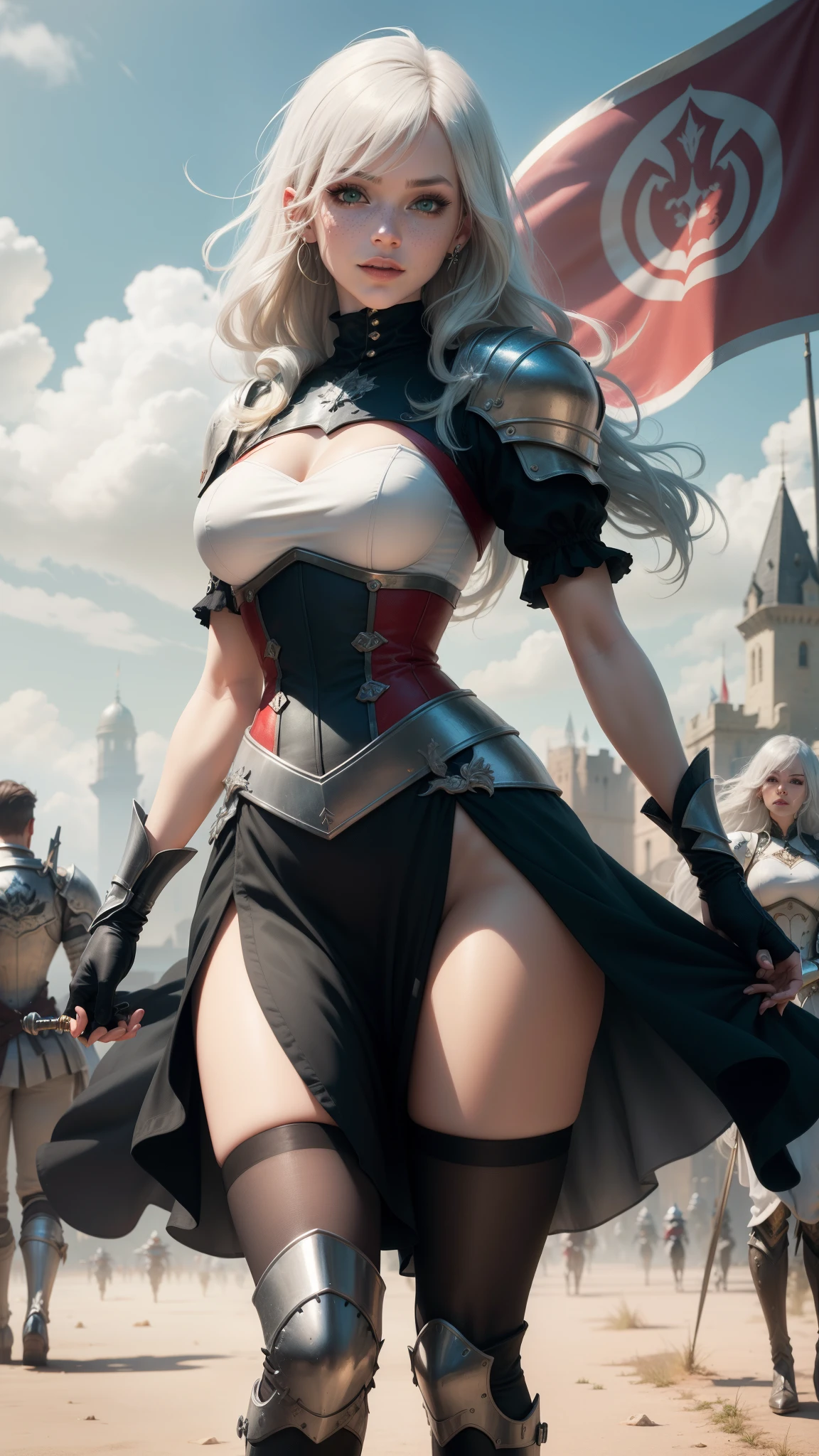 gwen tennyson,yorha 2b,yuna,claire farron,overwatch,warcraft,close up, castle siege battle,tattoos,ruby and white plugsuit,white short sleeve knight top,short sleeve knight full plate armor,long knight skirt,steel knight corset,knee long hair,queen makeup,green eyes,multicolored silver hair,long dress train,sexy smile, freckles,beautiful girl,silver thigh high boots,large breasts,8k,ultra detailed,realistic,fantasy art,steel knight uniform,queen gown dress,hair jewelry,ear piercings,ruby hand and neck jewelry,(weather:windy),1girl,long scarlet knight coat,battlefield,holding a flag,