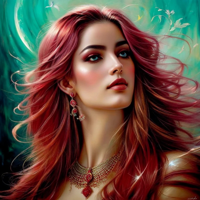uma pintura de uma mulher com longos cabelos pretos e rosas vermelhas, Mulher mexicana bonita, She's the queen of roses, donzela bonita, pele escura deusa feminina do amor, rosas no cabelo, linda donzela fantasia, mulher linda, deusa flor, linda arte digital linda, deusa bonita, retrato bonito da arte da fantasia, karol bak uhd, estilo de karol bak
