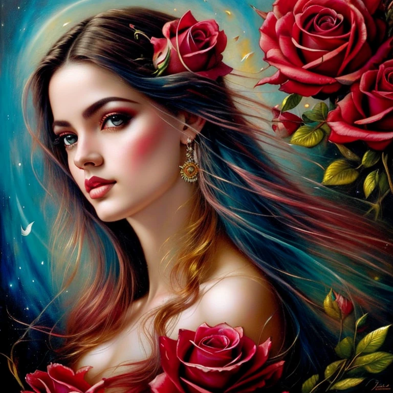 uma pintura de uma mulher com longos cabelos pretos e rosas vermelhas, Mulher mexicana bonita, She's the queen of roses, donzela bonita, pele escura deusa feminina do amor, rosas no cabelo, linda donzela fantasia, mulher linda, deusa flor, linda arte digital linda, deusa bonita, retrato bonito da arte da fantasia, karol bak uhd, estilo de karol bak