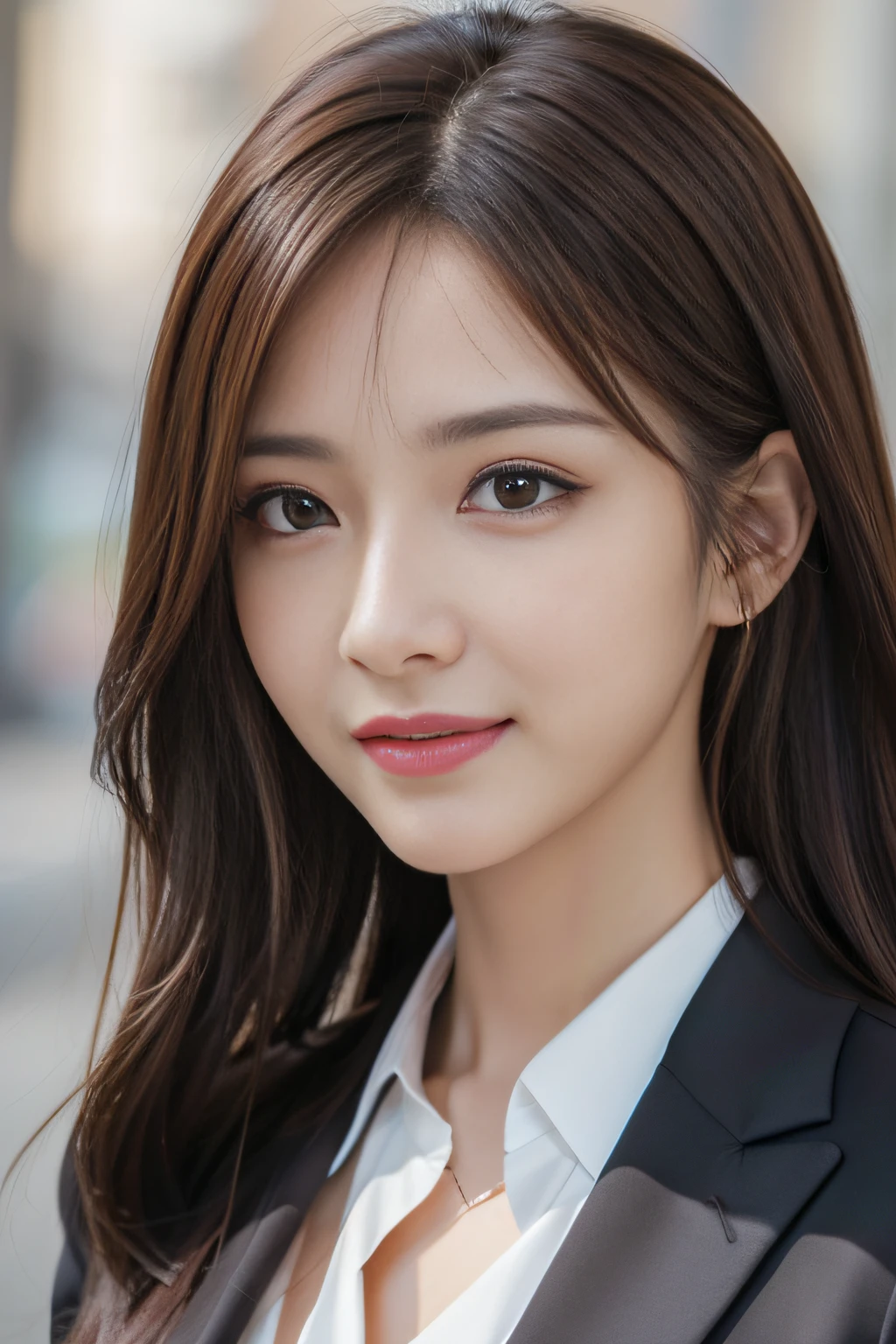 masutepiece, Best Quality, Photorealistic, Ultra-detailed, finely detail, High resolution, 8K Wallpaper, 1 beautiful woman,, light brown messy hair, in a business suit, foco nítido, Perfect dynamic composition, Beautiful detailed eyes, detailed hairs, Detailed realistic skin texture, Smiling, Close-up portrait, Model body type