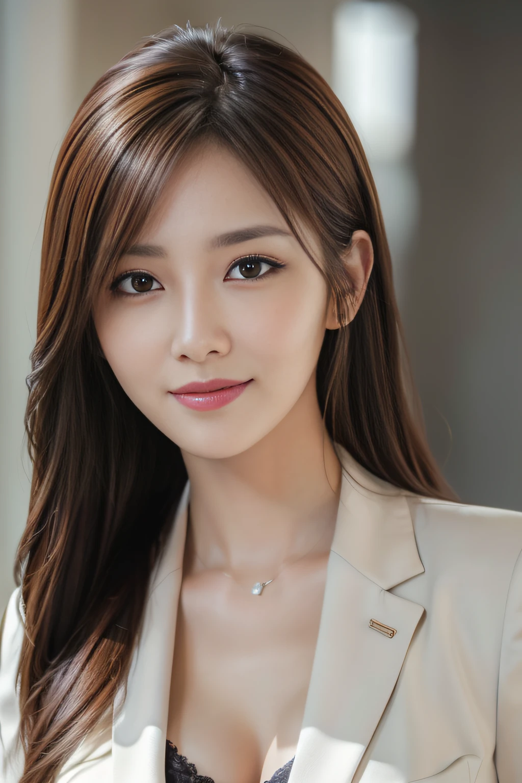 masutepiece, Best Quality, Photorealistic, Ultra-detailed, finely detail, High resolution, 8K Wallpaper, 1 beautiful woman,, light brown messy hair, in a business suit, foco nítido, Perfect dynamic composition, Beautiful detailed eyes, detailed hairs, Detailed realistic skin texture, Smiling, Close-up portrait, Model body type