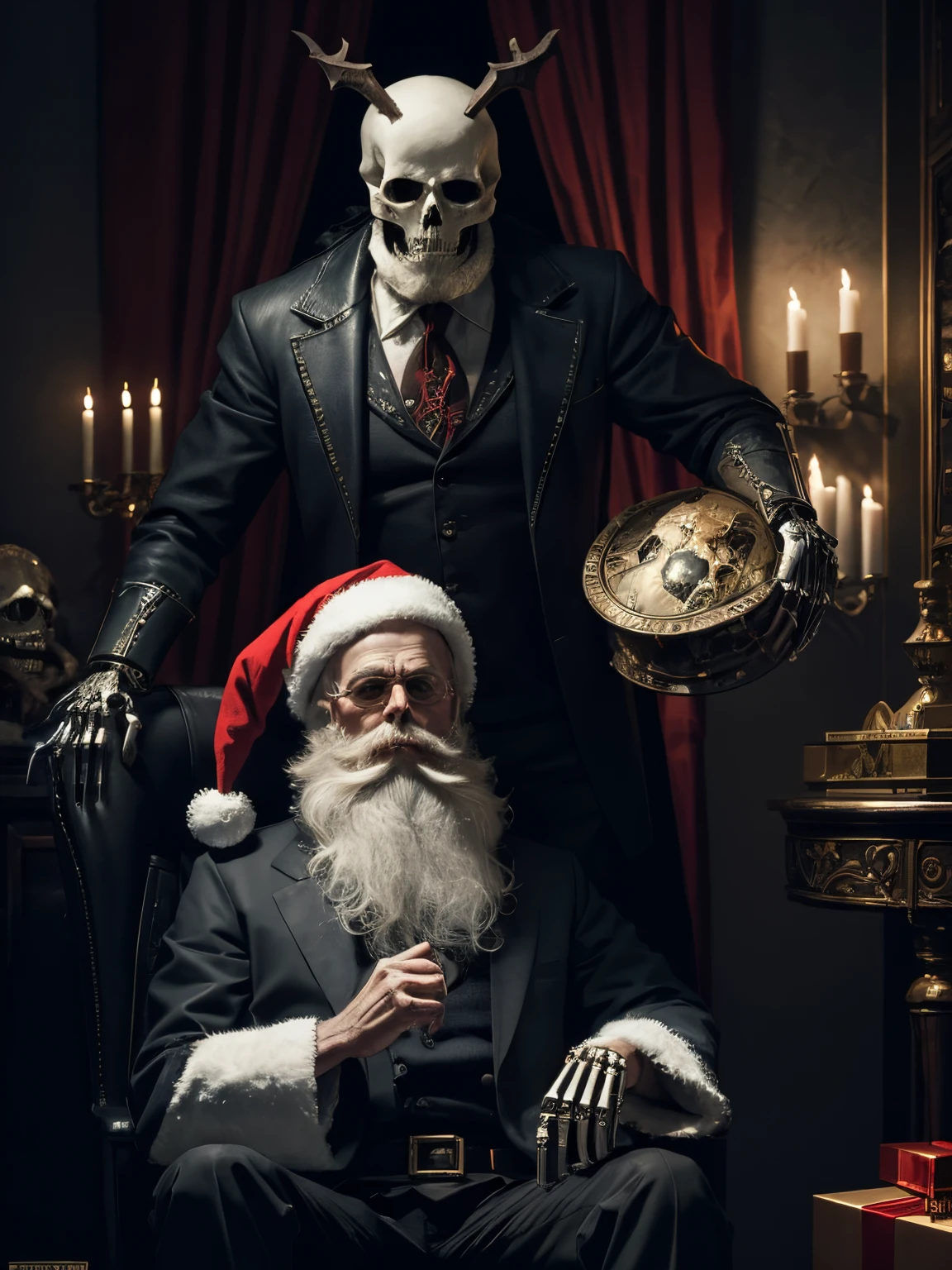 concept-art、❴skeleton and santa claus❵、Demonic、evil depiction、evil composition、Magnificent worldview、A depiction that shakes the viewer、Masterpiece、8K