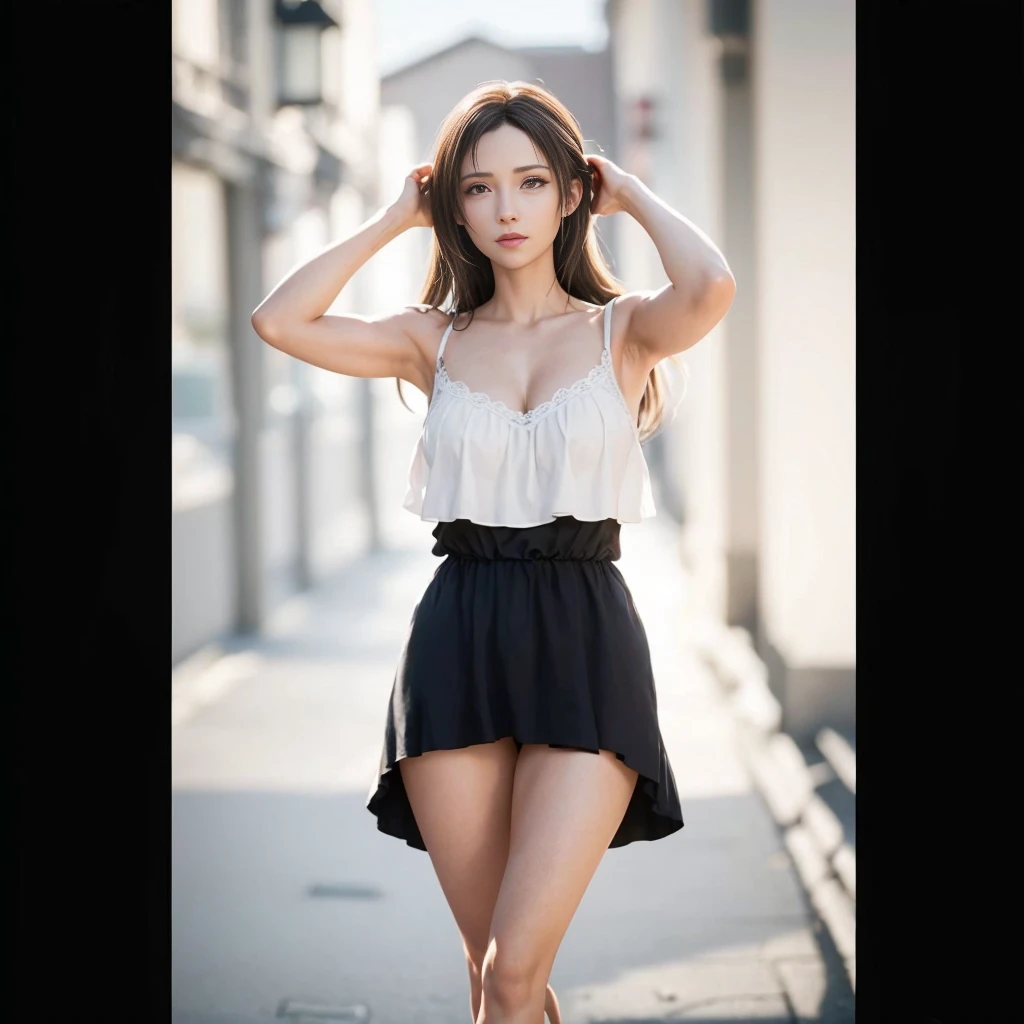(best quality,ultra-detalhado),(Realistic:1.37),Tifa Lockhart, Rosto bonito e detalhado, maquiagem preta nos olhos, textura ultra realista, rosto delicado, corpo delicado, Fit physique, expression happy