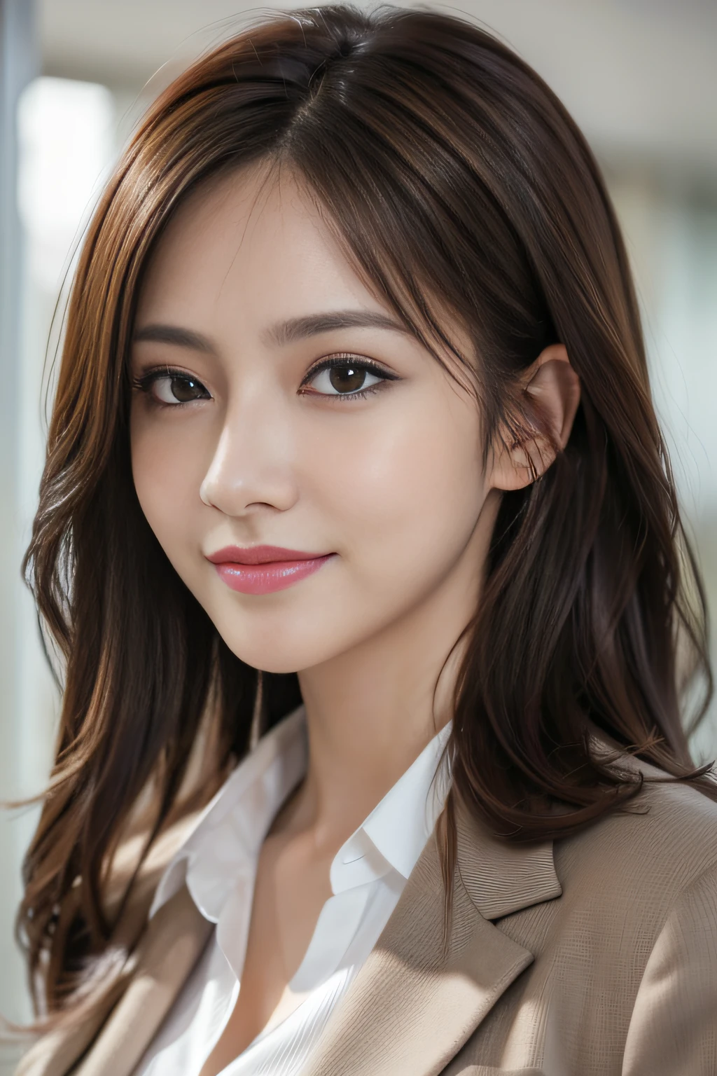 masutepiece, Best Quality, Photorealistic, Ultra-detailed, finely detail, High resolution, 8K Wallpaper, 1 beautiful woman,, light brown messy hair, in a business suit, foco nítido, Perfect dynamic composition, Beautiful detailed eyes, detailed hairs, Detailed realistic skin texture, Smiling, Close-up portrait, Model body type