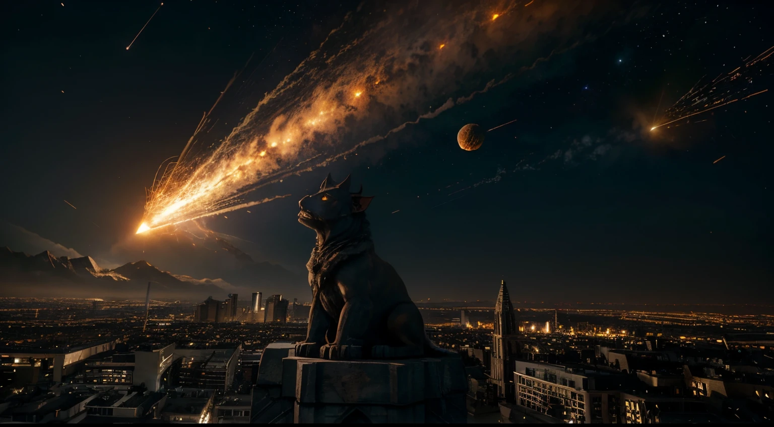 giant gargoyle, above the city, cinematic, episch, sparks, fire, dawn, many asteroids falling from the sky, meteor, komet, impact, giant explosion, armageddon,