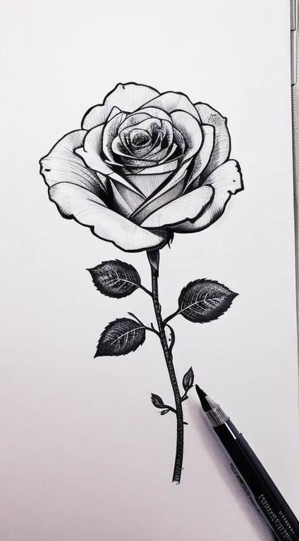 One Rose、line-drawing、outlines、One thin line、tattoo design、Gentle curves、tender、monochromes、Very 、without background、no shadows