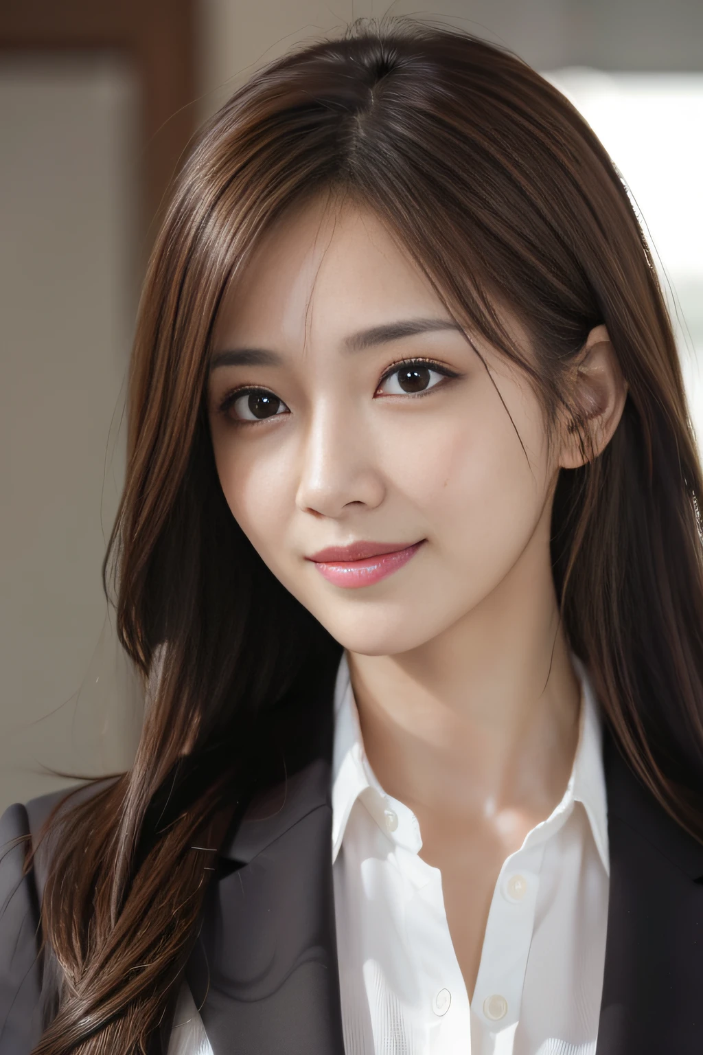 masutepiece, Best Quality, Photorealistic, Ultra-detailed, finely detail, High resolution, 8K Wallpaper, 1 beautiful woman,, light brown messy hair, in a business suit, foco nítido, Perfect dynamic composition, Beautiful detailed eyes, detailed hairs, Detailed realistic skin texture, Smiling, Close-up portrait, Model body type