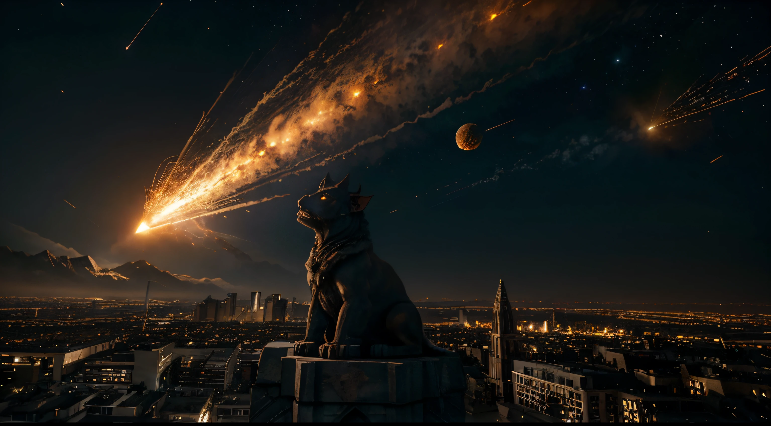 riesiger Wasserspeier, Above the city, filmisch, episch, Funken, Feuer, dawn, Viele Asteroiden fallen vom Himmel, Meteor, komet, Aufprall, riesige Explosion, Harmagedon,