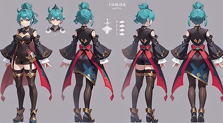 1 woman, 20years old, (Fantasy character Granblue), Wearing the Blade and Soul costume, full - body, Character design sheet, 3 angles, frontal view, side glance, seen from behind, mortician