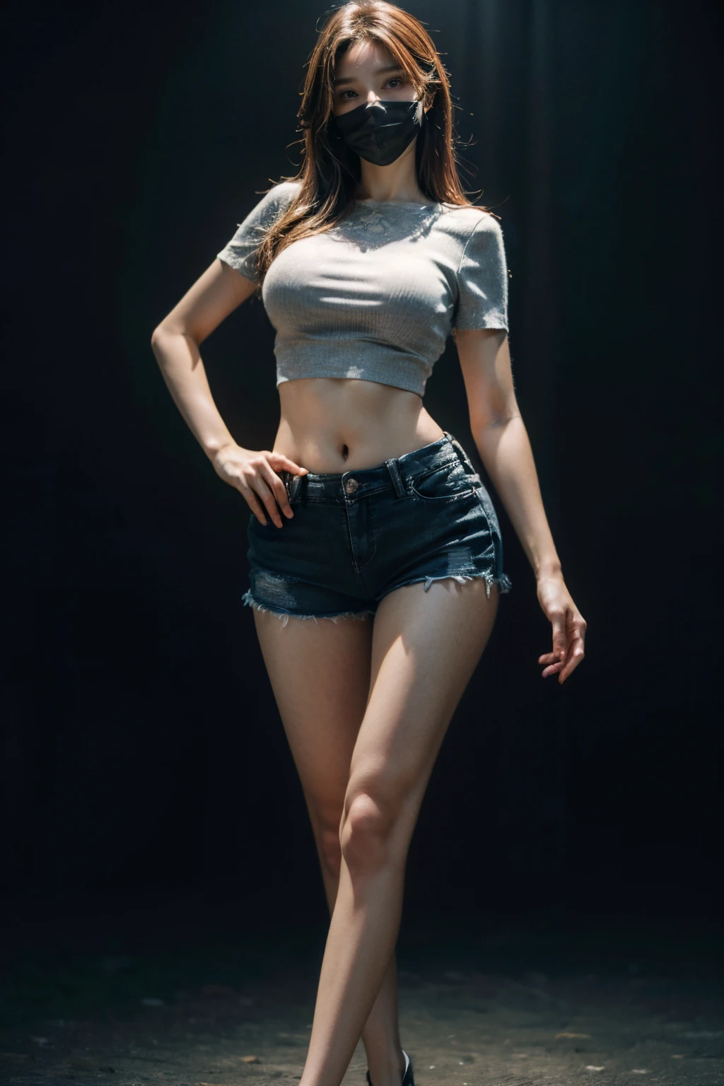 Best Quality, Masterpiece, High Resolution, 8K, (Realistic: 1.4), Ultra High Resolution, 1 Girl, Ultra Detailed, Surreal, Highly Detailed CG Illustration, Official Art, Cinematic Light, Reality, Young Beautiful Girl, Perfect Figure, Perfect Figure, Full View, Perfect Body, (Starting below: 1.3), Mask, Pose, Sexy Long Legs, Confident, Beautiful Sexy, Grey Short Sleeves, Open Abdomen, Black Super Shorts, S-shaped Body, Upturned Hips, Assuming, Posing, Different Perspectives