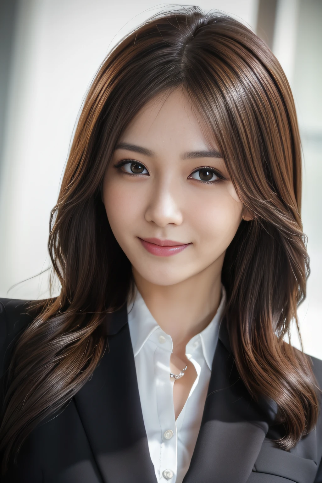 masutepiece, Best Quality, Photorealistic, Ultra-detailed, finely detail, High resolution, 8K Wallpaper, 1 beautiful woman,, light brown messy hair, in a business suit, foco nítido, Perfect dynamic composition, Beautiful detailed eyes, detailed hairs, Detailed realistic skin texture, Smiling, Close-up portrait, Model body type