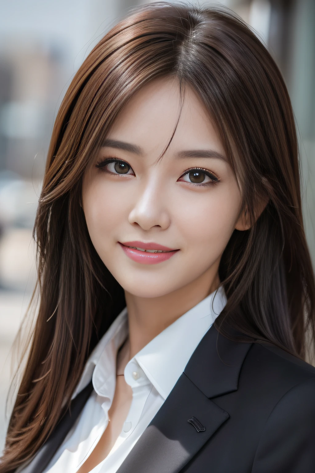 masutepiece, Best Quality, Photorealistic, Ultra-detailed, finely detail, High resolution, 8K Wallpaper, 1 beautiful woman,, light brown messy hair, in a business suit, foco nítido, Perfect dynamic composition, Beautiful detailed eyes, detailed hairs, Detailed realistic skin texture, Smiling, Close-up portrait, Model body type